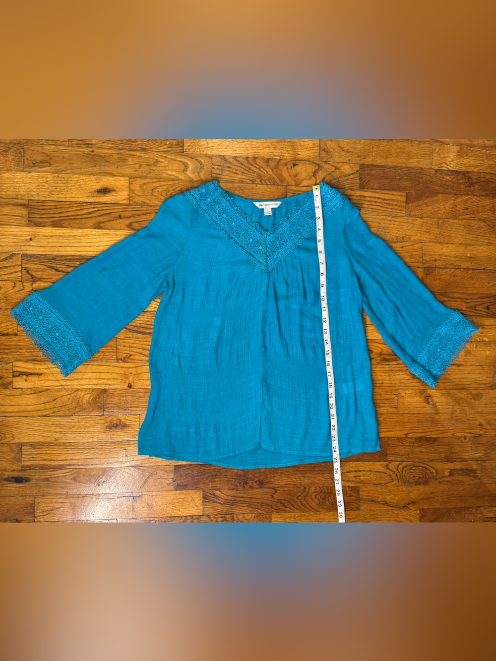 Counterparts Teal Boho Peasant Blouse Lace Trim V-Neck 3/4 Bell Sleeve - Size S - Picture 10 of 16